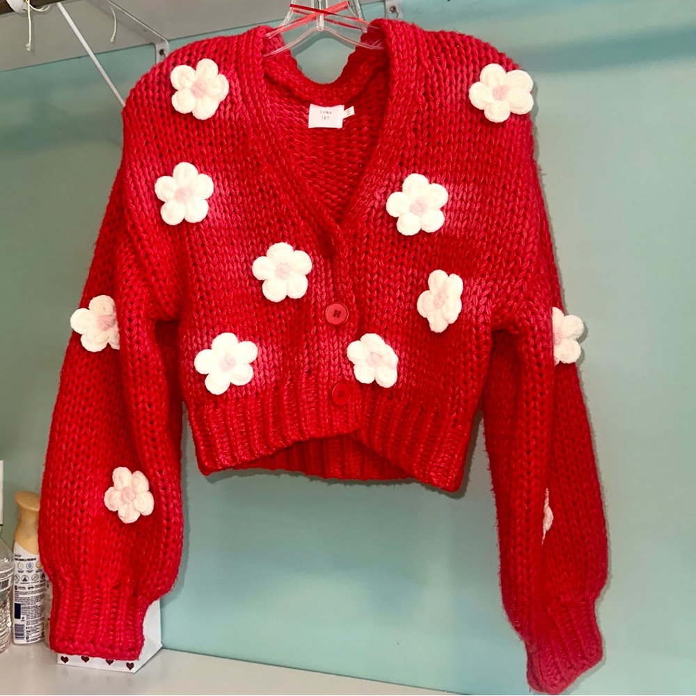 Red Floral Knit Cardigan Sweater